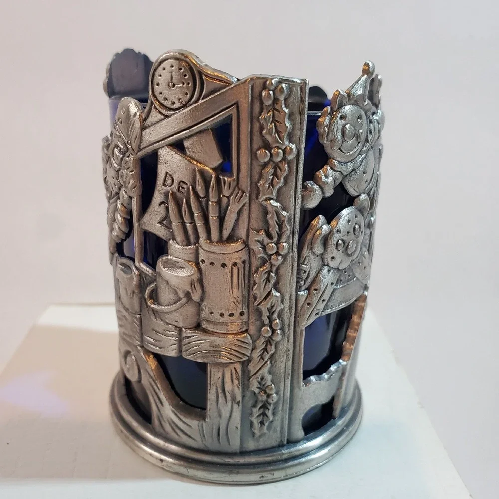ROC Pewter Santa Christmas Votive Candle Holder w/Cobalt Glass Liner 3